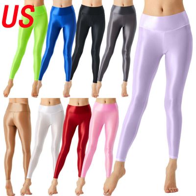 US Womens Tights Slimming Glossy Workout Capri Pants High Waist Stretchy Trouser